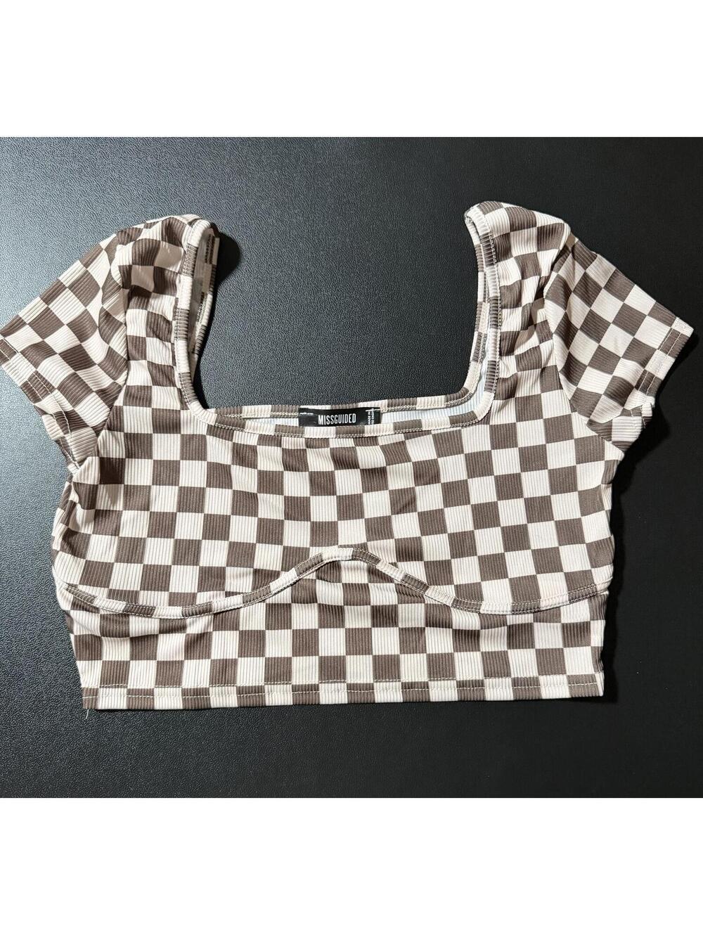 Missguided Brown & Cream Checkered Ribbed Crop Top Women’s US 6‎